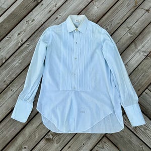 1940s Blue Pleated Tuxedo Shirt / With Cufflinks & Shirt Studs / Cotton Ruffles and Embroidered / Starched Collar / Size M 15.5”
