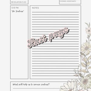 May include: A journal page with the text "Hear What the Spirit Says to the Congregations." The page features lined sections for notes, a section for "Evening Assistance," and floral corner decorations. The text "Last page" is also visible.