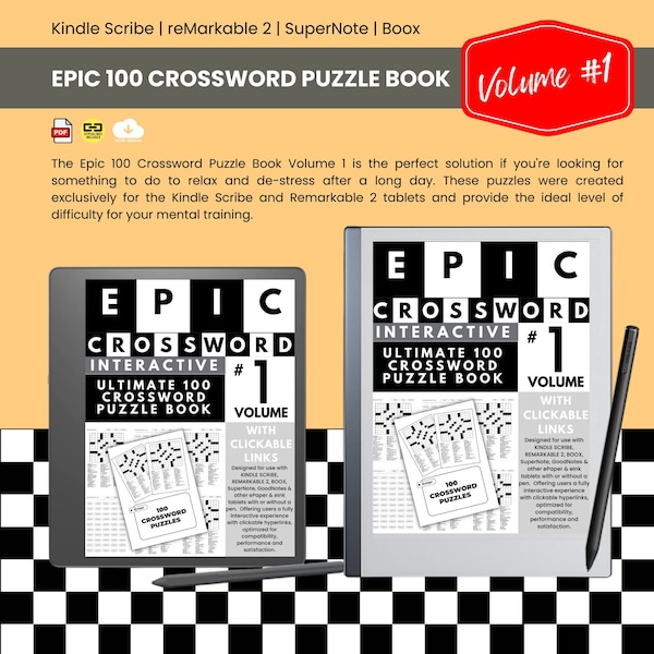 Kindle Scribe Crossword Puzzles, reMarkable 2 Puzzles VOL 1, 100 Epic Crosswords for Scribe and reMarkable, Interactive Puzzles Hyperlinks