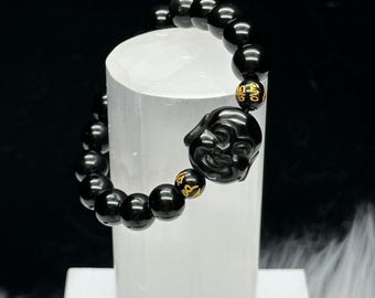 Black Obsidian Laughing Buddha Bracelet, Lucky Bracelet, Crystal Bracelet