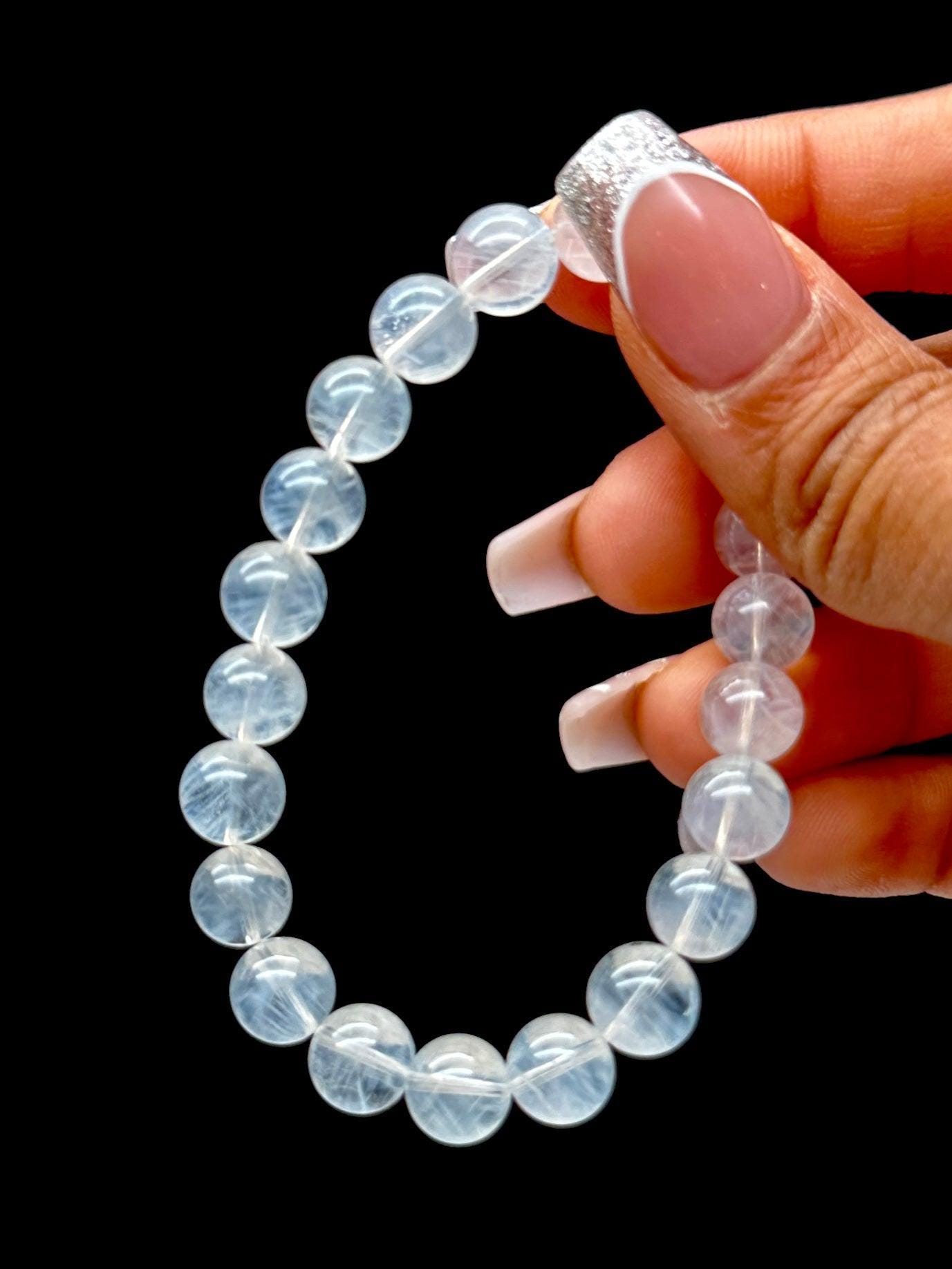 Rare Blue Needle Quartz Crystal Bracelet – 8mm Beads, Visible Blue