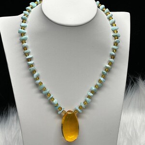 Top Grade Larimar Necklace with Natural Blue Amber Pendant