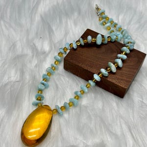Top Grade Larimar Necklace with Natural Blue Amber Pendant