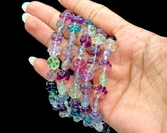 Natural Flower Carved Fluorite Bracelet, Carved Fluorite crystal Bracelets, Fluorite flower bracelets