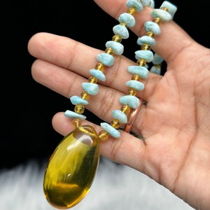 Top Grade Larimar Necklace with Natural Blue Amber Pendant