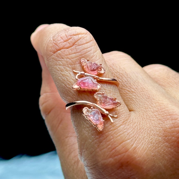 Pink Tourmaline Crystal Butterfly Ring – Adjustable Size, Handmade Sterling Silver Ring
