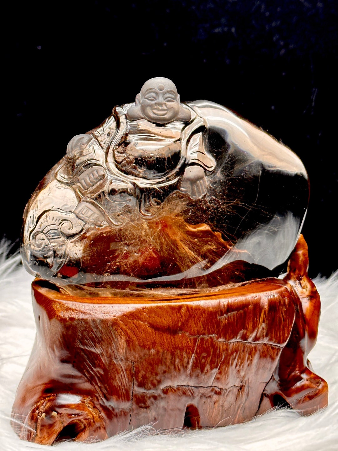 Rare Rabbit Hair Copper Rutilated Smoky Quartz Buddha Carving on Custom ...