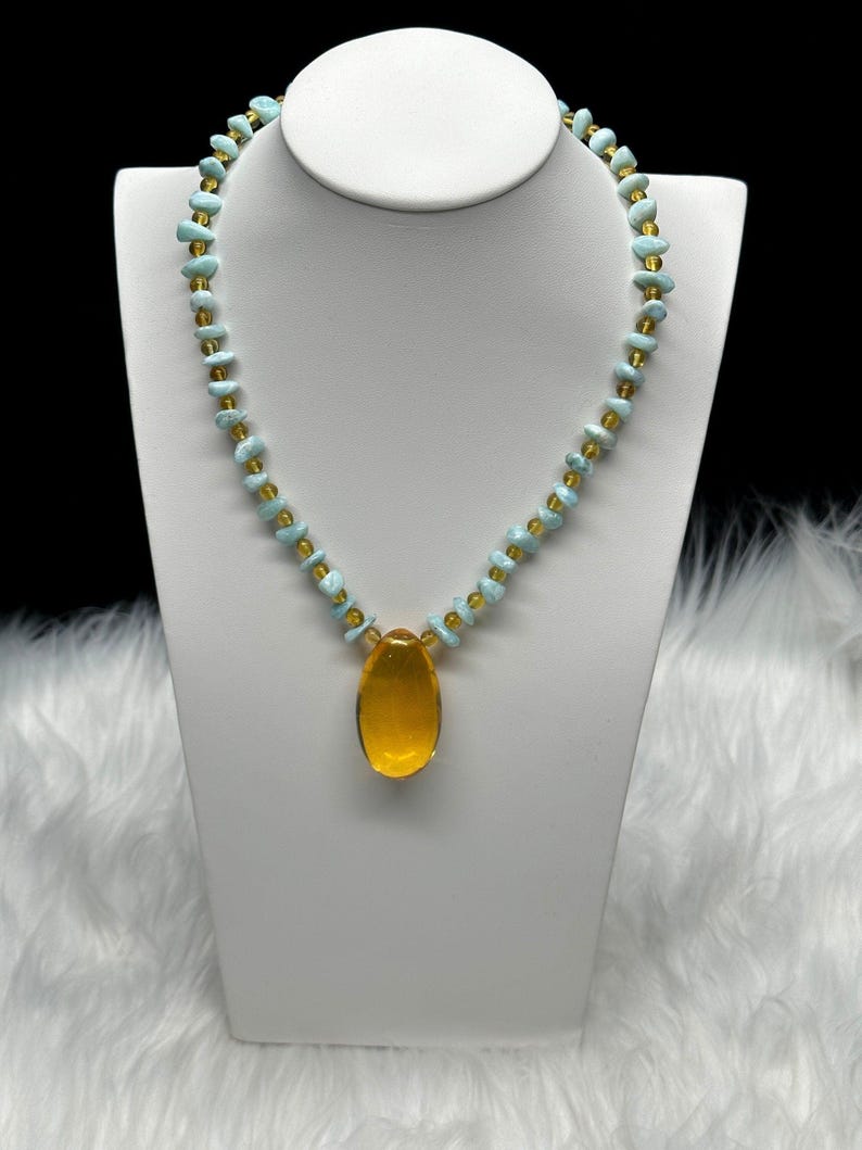 Top Grade Larimar Necklace with Natural Blue Amber Pendant