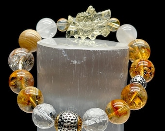 Zambian Citrine, Rutilated Quartz, and Clear Quartz Crystal Bracelet with citrine dragon center piece - Handpicked for You!
