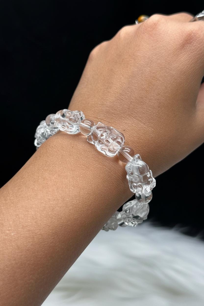 Nine-tailed Fox Carved Clear Quartz Crystal Bracelet – Handcrafted