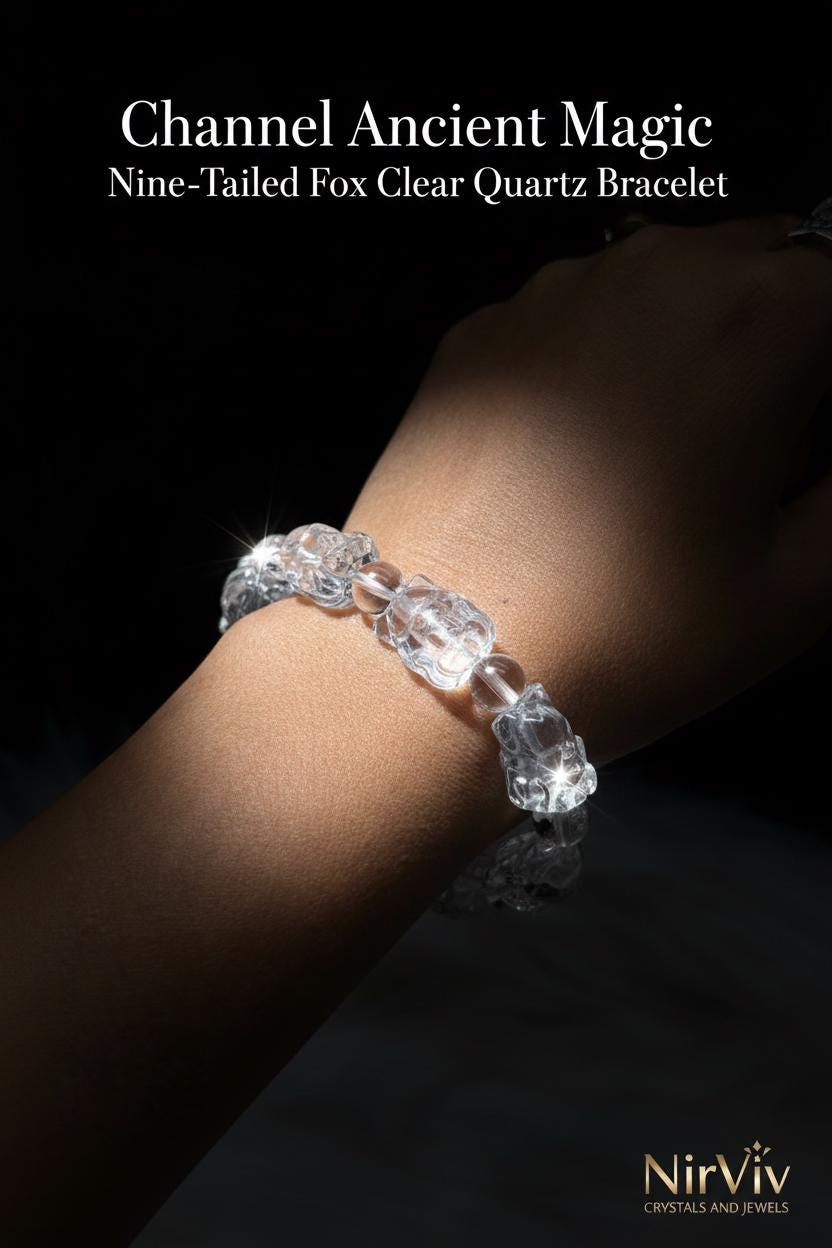 Nine-tailed Fox Carved Clear Quartz Crystal Bracelet – Handcrafted