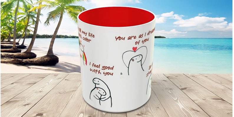 May include: White ceramic mug with a red interior. The mug features black and red illustrations of stick figures with the text "You are as I dream of you", "I feel good with you", and "All my life, your color".