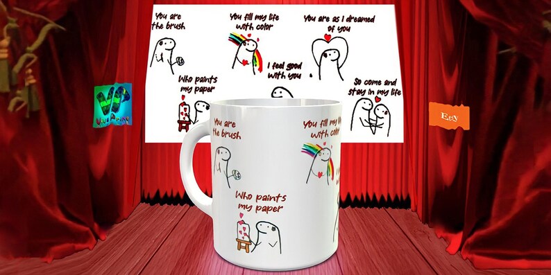 May include: White ceramic mug with a colorful design featuring a rainbow, hearts, and the text "You are the brush", "You fill my life with color", "Who paints my paper", and "So come and stay in my life".