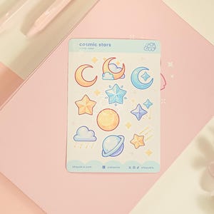 Cosmic Stars Mini Sticker Sheet (Blue) | Kawaii Planner Stickers for Journals, Scrapbooks, Notebooks