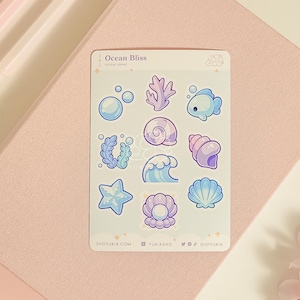 Mini hoja de pegatinas Ocean Bliss (azul) / Pegatinas kawaii para diarios, álbumes de recortes y cuadernos / Ideal para amantes de la papelería linda