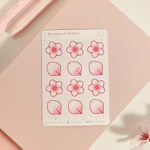 Mini feuille d'autocollants Seasons of Sakura (rose) | Stickers d'agenda kawaii pour journaux, albums de coupures, cahiers | Conçu pour les amateurs de papeterie mignonne