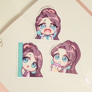 May include: Three cartoon stickers featuring a young woman with long purple hair. The first sticker shows the woman crying with tears streaming down her face. The second sticker shows the woman peeking from behind a blue wall. The third sticker shows the woman drinking a bubble tea with a straw.