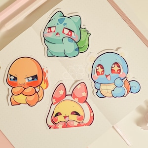 Stickers vinyles 3" PKMN Gen 1 Starters | Stickers anime imperméables mignons pour bouteilles d'eau, ordinateurs portables, journaux, bagages, etc.
