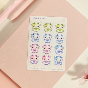 かわいい牛のミニステッカーシート（穏やか） | 日記、スクラップブック、ノートに使えるかわいいプランナーステッカー | かわいい文房具好きのために作られました
