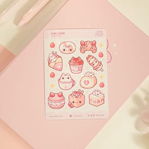 Cat Cafe-ministickervel | Stickervel planner | Leuk stickervel | Dagboek notitieboek plakboek | Kawaiistickers | Kitten-desserts