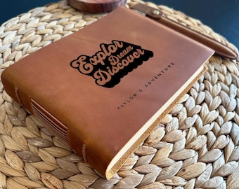 Diario de viaje personalizado de piel: Cuaderno de viaje hecho a mano. Regalos de Navidad.
