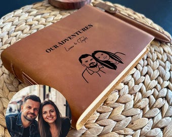 Personalised Leather Journal with Couple Portrait, Custom Leather Notebook, Wedding Gift for Couple, Anniversary Gift for Him or Her