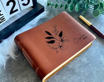 Personalized Leather Journal: Floral Engraved Notebook, Birthday Gift