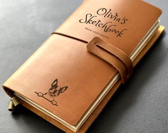 Caderno de couro personalizado, caderno gravado sob encomenda, opção de retrato do seu animal de estimação