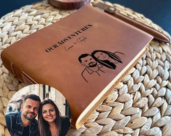 Personalised Leather Journal with Couple Portrait, Custom Leather Notebook, Wedding Gift for Couple, Anniversary Gift for Him or Her