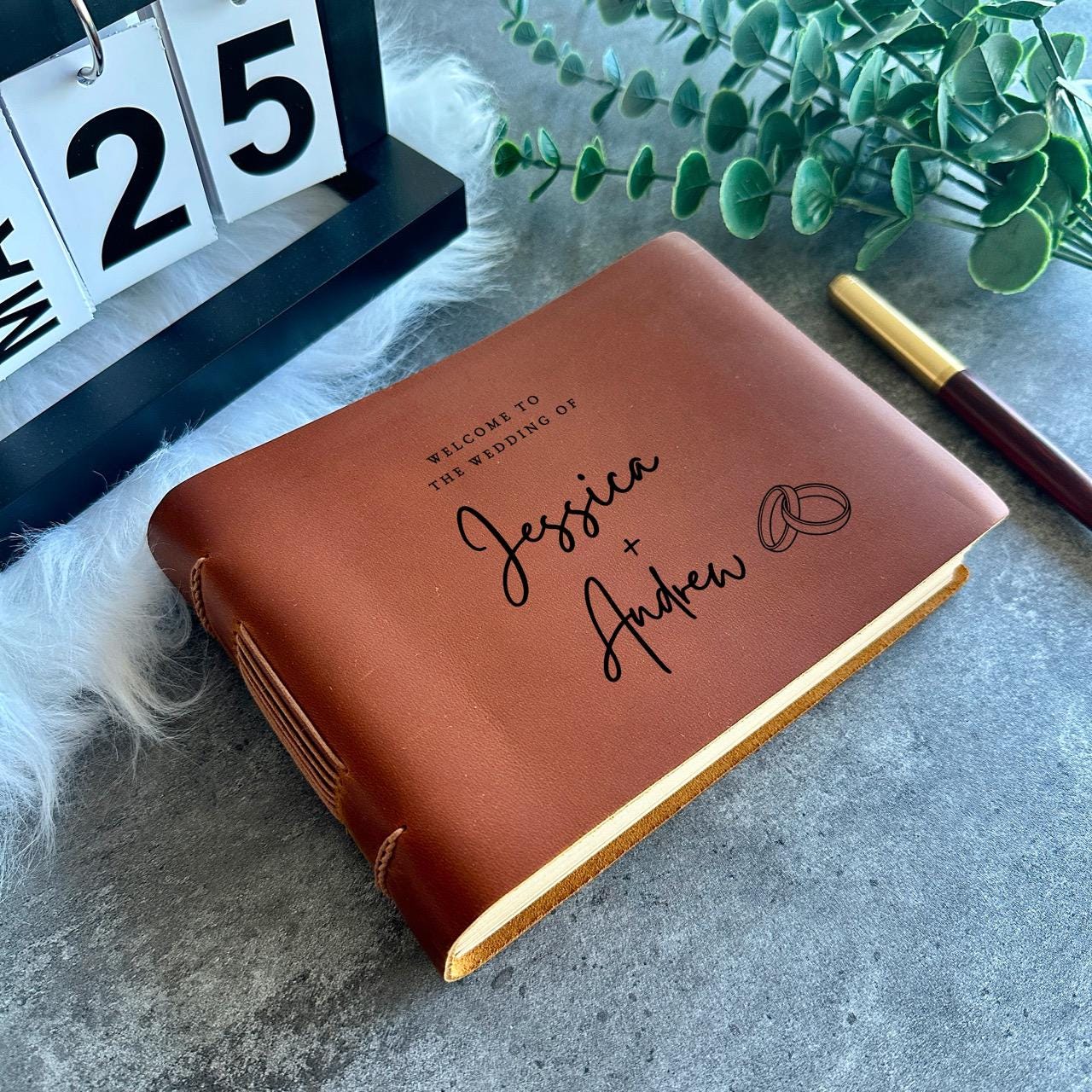 Personalized Leather Wedding Guest Book – Laser Engraved Keepsake Album for Wedding & Anniversary