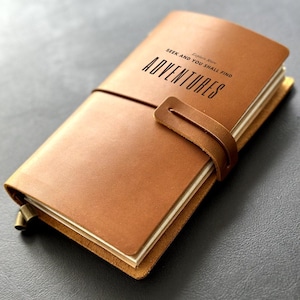 Adventure Leather Journal – Refillable Travel Notebook with “Seek and You Shall Find” Quote, Gift for Him, Explorer Hiking Diary