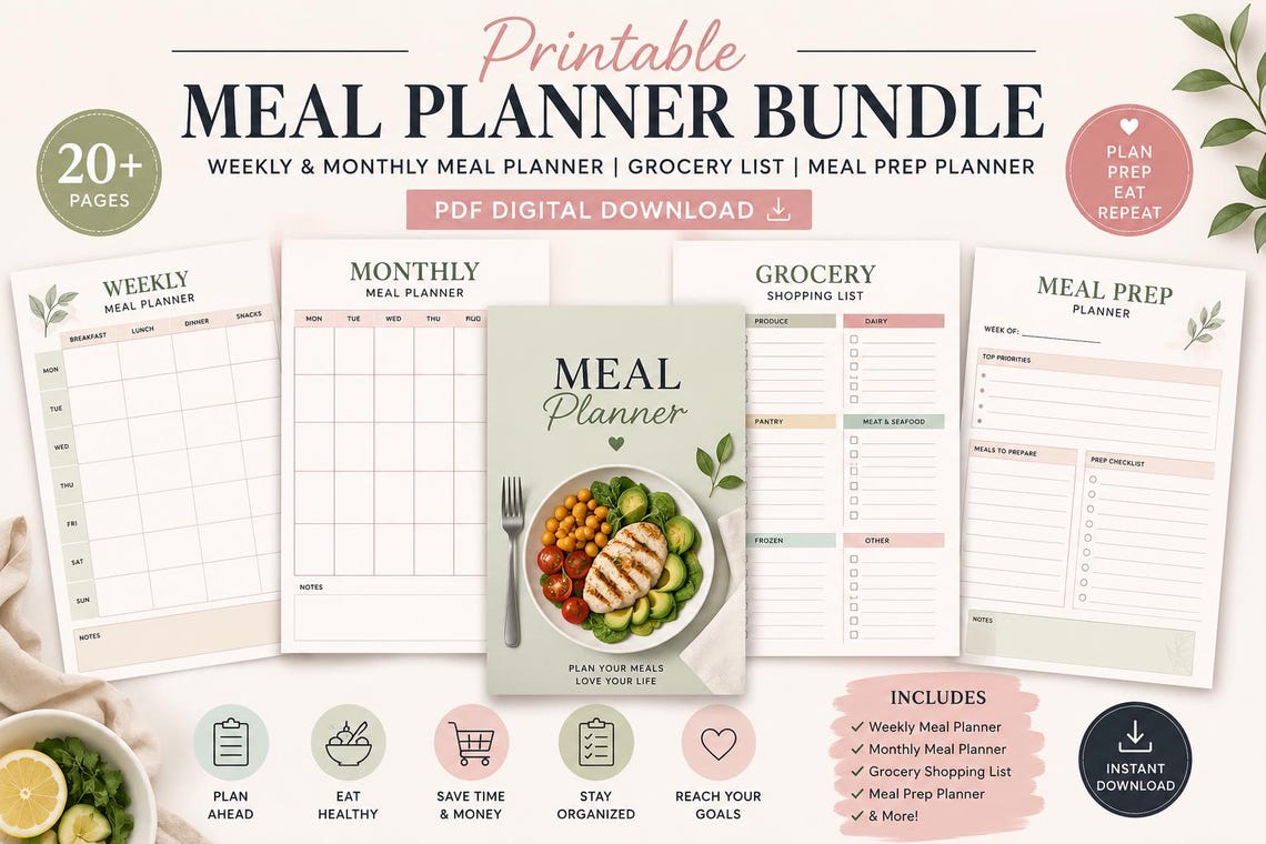 Printable Meal Planner Bundle | Weekly & Monthly Meal Planner | Grocery ...