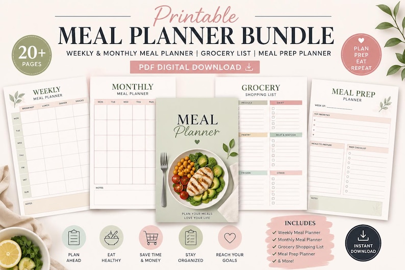 Printable Meal Planner Bundle | Weekly & Monthly Meal Planner | Grocery ...