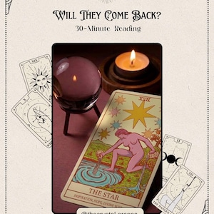 May include: A tarot reading service listing titled Will They Come Back? 30-Minute Reading. The image features a crystal ball on a stand, a lit tea light candle, and The Star tarot card, surrounded by other cards including The Hanged Man.