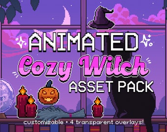 Cozy Witch Animated Stream Overlay Package | OBS, Twitch, YouTube | Spooky Cute Halloween, 8bit Pixel Art | Customizable Asset Pack