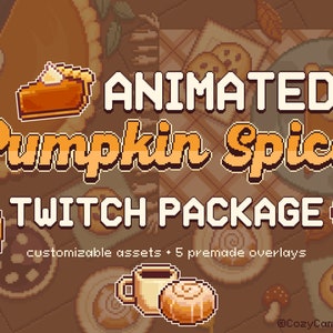 Puede incluir: Paquete de Twitch animado Pumpkin Spice con activos personalizables y 5 superposiciones prefabricadas. La imagen presenta un estilo de arte de píxeles con una tarta de calabaza, rollos de canela y champiñones.