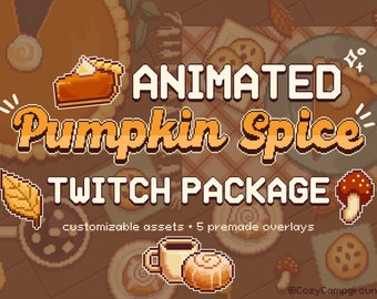 Puede incluir: Paquete de Twitch animado Pumpkin Spice con activos personalizables y 5 superposiciones prefabricadas. La imagen presenta un estilo de arte de píxeles con una tarta de calabaza, rollos de canela y champiñones.