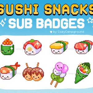 Sushi Themed Twitch Sub Badges | Bit Badge | Japanese Food Dango Kawaii Cute, 8bit Pixel Art | Subscriber Stream Graphic