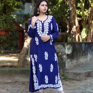 Lucknowi Chikankari Modal Kurti, Hand Embroidered Chikankari Tunic/Kurti Festive and Casual Indianwear dress for women - FREE SHIPPING