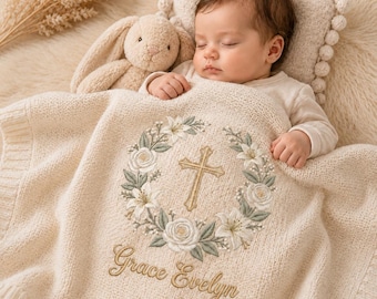 Personalized Baptism Baby Blanket, Custom Embroidered Floral Cross Knit Blanket,  Christening Gift, Baby Shower Gift, Nursery Keepsake Gift