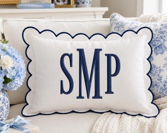 Personalized Monogram Pillow Cover, Custom Embroidered Scallop Pillow, Initial Cushion for Nursery Decor,  Scalloped Baby Room Decor Gift