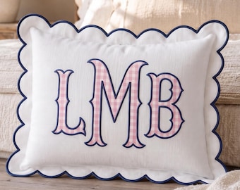 Personalized Monogram Pillow Cover, Custom Embroidered Initial Pillow, Scalloped Trim Pillowcase, Baby Room Decor, Dorm Room Pillow
