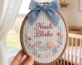 Personalized Embroidered Baby Name Hoop, Custom Ocean Nursery Wall Decor, Sunrise Baby Name Sign, Coastal Baby Shower Gift,  Baby Room Decor