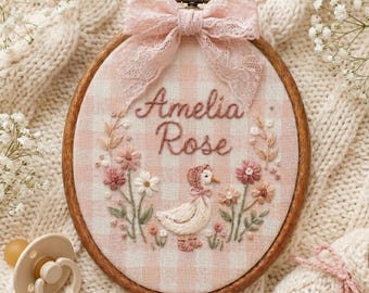 Personalized Goose Baby Name Sign, Custom Embroidered Nursery Name Hoop,  Baby Shower Gift, Newborn Keepsake, Floral Baby Name Announcement