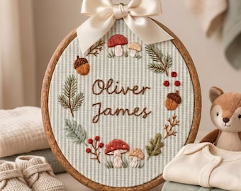 Personalized Embroidered Baby Name Hoop, Baby Name Reveal Sign Heirloom, Custom Woodland Nursery Wall Decor, Baby Shower Gift, Newborn Giit