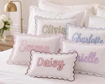 Personalized Embroidered Name Pillow Cover, Custom Scalloped Trim Pillowcase, Nursery Name Pillow, Baby Shower Gift, Slumber Party Gift