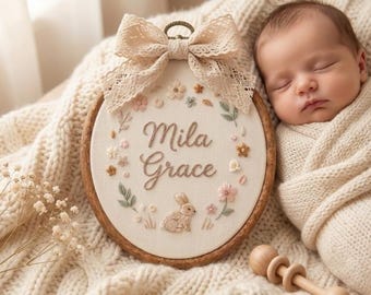 Personalized Embroidered Baby Name Hoop, Custom Bunny Nursery Wall Decor, Floral Baby Name Sign, Rabbit Baby Shower Gift, Newborn Keepsake