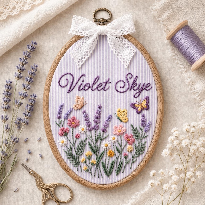 May include: An oval embroidery hoop containing fabric with a light purple and white vertical stripe pattern. The text Violet Skye is embroidered in purple script above a colorful floral scene featuring lavender, daisies, and butterflies.