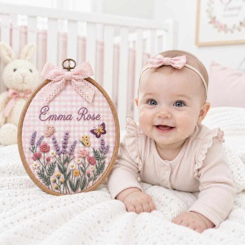 May include: An oval wooden embroidery hoop featuring a light pink and white gingham fabric background. The embroidery displays the name Emma Rose in cursive script above a colorful floral arrangement with lavender, daisies, and two butterflies.