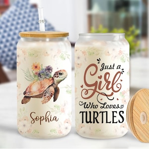 Personalized Turtle Glass Cup With Lid & Straw: Sea Turtle Lover Gift